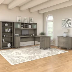 Bush Furniture L-Desks<Somerset 72"W L Shaped Desk with Hutch, Lateral File Cabinet and Bookcase, (SET012AG)