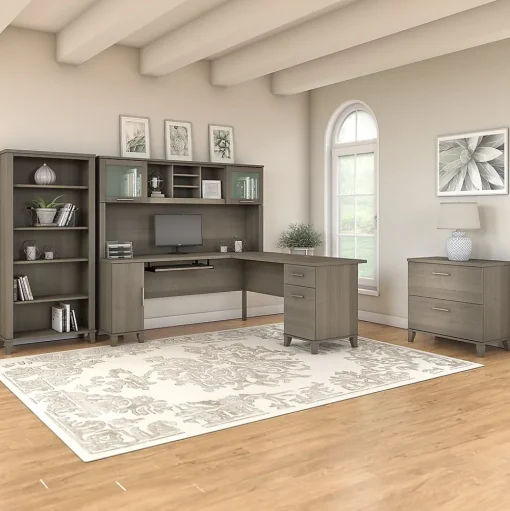 Bush Furniture L-Desks<Somerset 72"W L Shaped Desk with Hutch, Lateral File Cabinet and Bookcase, (SET012AG)