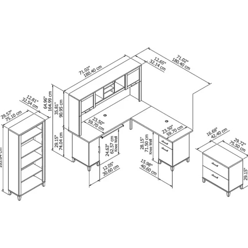 Bush Furniture L-Desks<Somerset 72"W L Shaped Desk with Hutch, Lateral File Cabinet and Bookcase, (SET012AG)