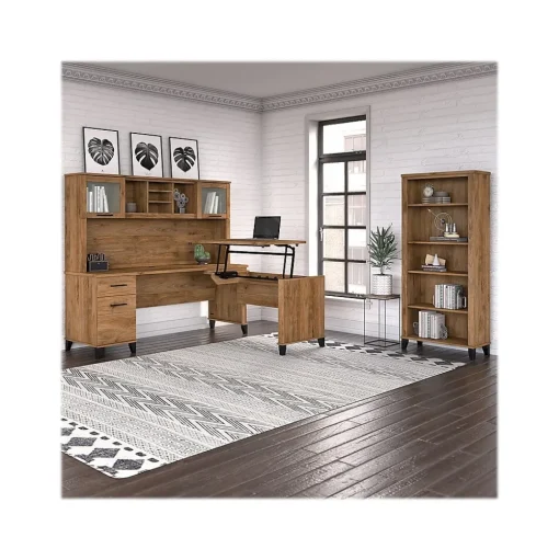 Bush Furniture L-Desks<Somerset 72"W 3 Position Sit to Stand L Shaped Desk with Hutch and Bookcase, (SET017FW)