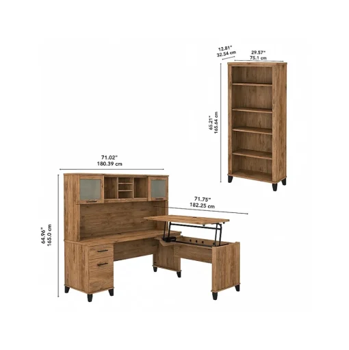 Bush Furniture L-Desks<Somerset 72"W 3 Position Sit to Stand L Shaped Desk with Hutch and Bookcase, (SET017FW)