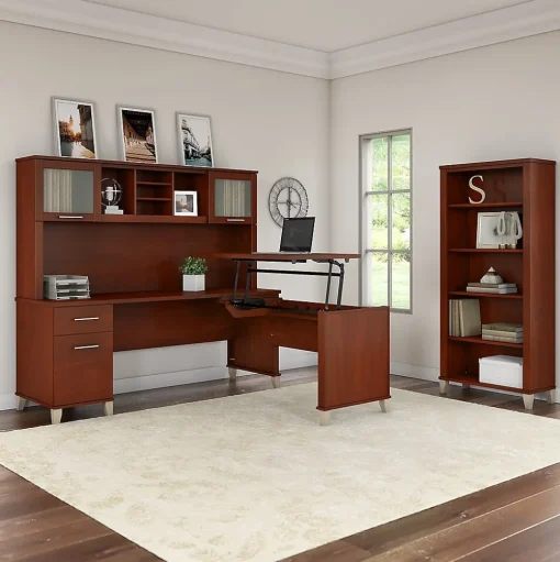 Bush Furniture L-Desks<Somerset 72"W 3 Position Sit to Stand L Shaped Desk with Hutch and Bookcase, (SET017HC)