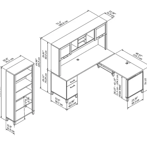 Bush Furniture L-Desks<Somerset 72"W 3 Position Sit to Stand L Shaped Desk with Hutch and Bookcase, (SET017HC)