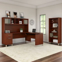 Bush Furniture L-Desks<Somerset 72"W 3 Position Sit to Stand L Shaped Desk with Hutch and Bookcase, (SET017HC)