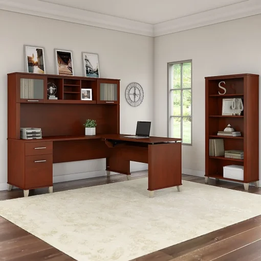 Bush Furniture L-Desks<Somerset 72"W 3 Position Sit to Stand L Shaped Desk with Hutch and Bookcase, (SET017HC)