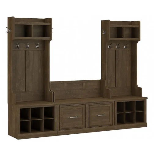 Bush Furniture Storage Cabinets<Woodland Entryway Storage Set with Hall Trees and Shoe Bench with Doors, Ash Brown (WDL011ABR)