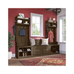Bush Furniture Storage Cabinets<Woodland Entryway Storage Set with Hall Trees and Shoe Bench with Doors, Ash Brown (WDL011ABR)