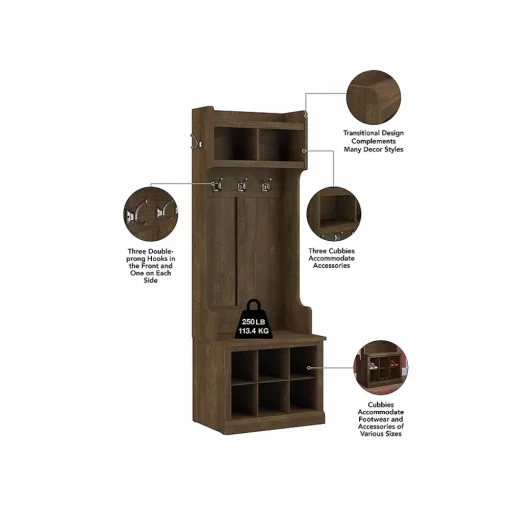 Bush Furniture Storage Cabinets<Woodland Entryway Storage Set with Hall Trees and Shoe Bench with Doors, Ash Brown (WDL011ABR)