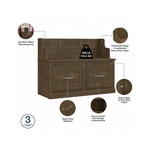 Bush Furniture Storage Cabinets<Woodland Entryway Storage Set with Hall Trees and Shoe Bench with Doors, Ash Brown (WDL011ABR)