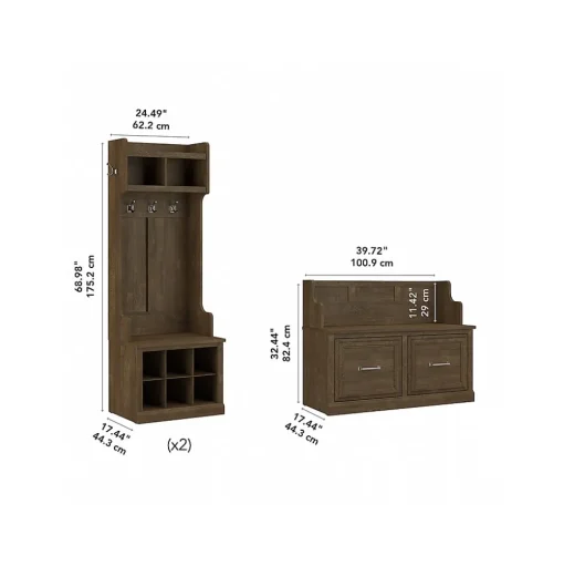 Bush Furniture Storage Cabinets<Woodland Entryway Storage Set with Hall Trees and Shoe Bench with Doors, Ash Brown (WDL011ABR)