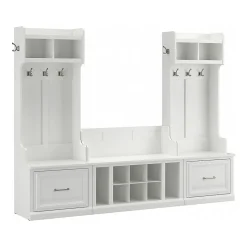 Bush Furniture Storage Cabinets<Woodland Entryway Storage Set with Hall Trees and Shoe Bench with Drawers, White Ash (WDL012WAS)