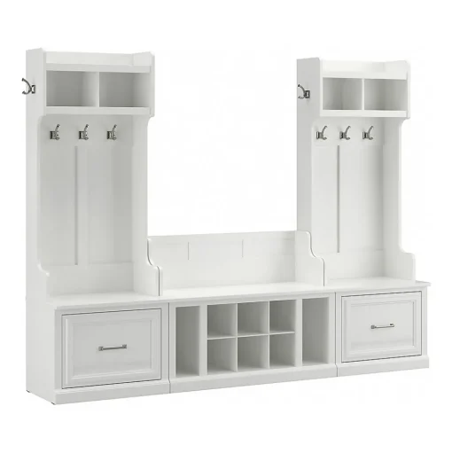 Bush Furniture Storage Cabinets<Woodland Entryway Storage Set with Hall Trees and Shoe Bench with Drawers, White Ash (WDL012WAS)