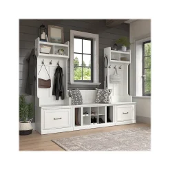 Bush Furniture Storage Cabinets<Woodland Entryway Storage Set with Hall Trees and Shoe Bench with Drawers, White Ash (WDL012WAS)