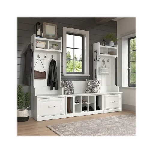 Bush Furniture Storage Cabinets<Woodland Entryway Storage Set with Hall Trees and Shoe Bench with Drawers, White Ash (WDL012WAS)