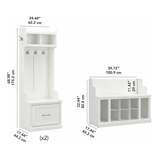Bush Furniture Storage Cabinets<Woodland Entryway Storage Set with Hall Trees and Shoe Bench with Drawers, White Ash (WDL012WAS)