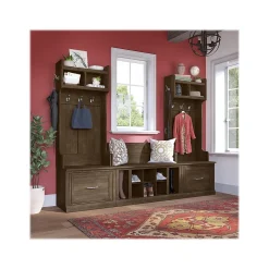 Bush Furniture Storage Cabinets<Woodland Entryway Storage Set with Hall Trees and Shoe Bench with Drawers, Ash Brown (WDL012ABR)