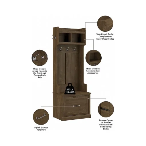 Bush Furniture Storage Cabinets<Woodland Entryway Storage Set with Hall Trees and Shoe Bench with Drawers, Ash Brown (WDL012ABR)