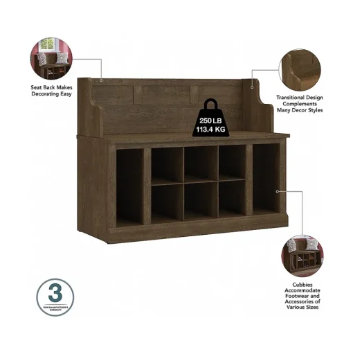 Bush Furniture Storage Cabinets<Woodland Entryway Storage Set with Hall Trees and Shoe Bench with Drawers, Ash Brown (WDL012ABR)