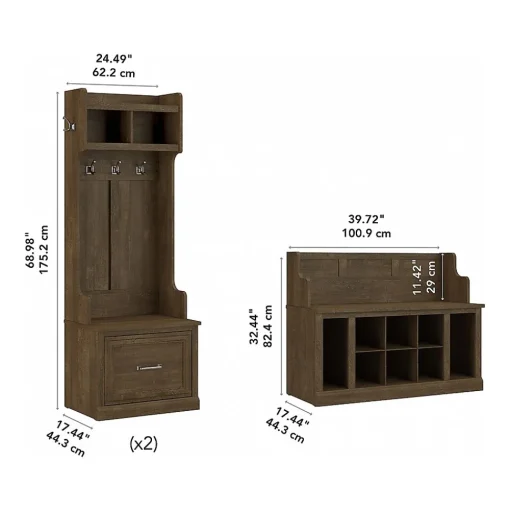 Bush Furniture Storage Cabinets<Woodland Entryway Storage Set with Hall Trees and Shoe Bench with Drawers, Ash Brown (WDL012ABR)