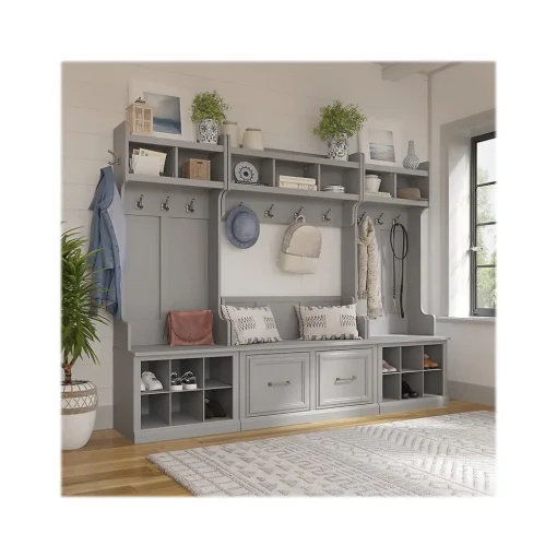 Bush Furniture Storage Cabinets<Woodland Full Entryway Storage Set with Coat Rack and Shoe Bench with Doors, Cape Cod Gray (WDL013CG)