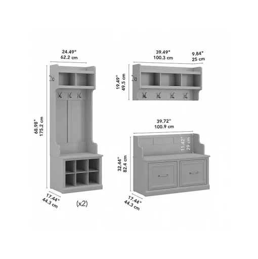 Bush Furniture Storage Cabinets<Woodland Full Entryway Storage Set with Coat Rack and Shoe Bench with Doors, Cape Cod Gray (WDL013CG)