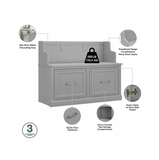 Bush Furniture Storage Cabinets<Woodland Full Entryway Storage Set with Coat Rack and Shoe Bench with Doors, Cape Cod Gray (WDL013CG)