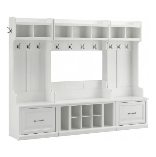 Bush Furniture Storage Cabinets<Woodland Full Entryway Storage Set with Coat Rack and Shoe Bench with Drawers, White Ash (WDL014WAS)