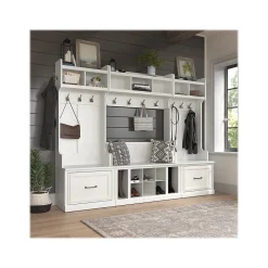 Bush Furniture Storage Cabinets<Woodland Full Entryway Storage Set with Coat Rack and Shoe Bench with Drawers, White Ash (WDL014WAS)