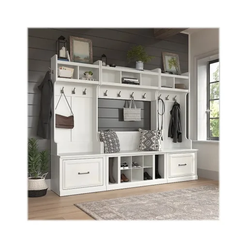 Bush Furniture Storage Cabinets<Woodland Full Entryway Storage Set with Coat Rack and Shoe Bench with Drawers, White Ash (WDL014WAS)