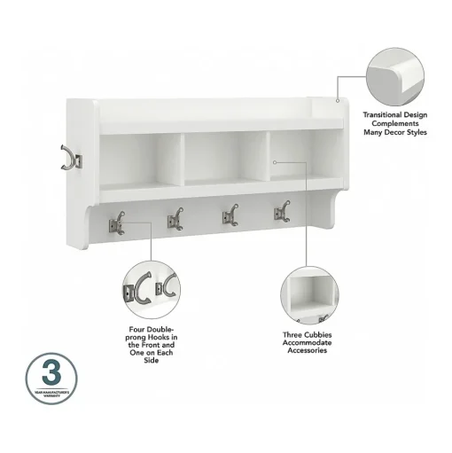 Bush Furniture Storage Cabinets<Woodland Full Entryway Storage Set with Coat Rack and Shoe Bench with Drawers, White Ash (WDL014WAS)