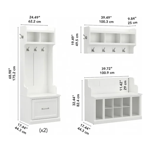 Bush Furniture Storage Cabinets<Woodland Full Entryway Storage Set with Coat Rack and Shoe Bench with Drawers, White Ash (WDL014WAS)