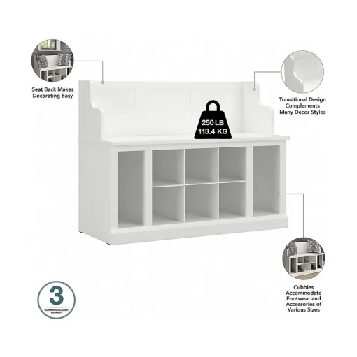Bush Furniture Storage Cabinets<Woodland Full Entryway Storage Set with Coat Rack and Shoe Bench with Drawers, White Ash (WDL014WAS)