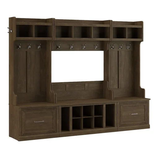 Bush Furniture Storage Cabinets<Woodland Full Entryway Storage Set with Coat Rack and Shoe Bench with Drawers, Ash Brown (WDL014ABR)