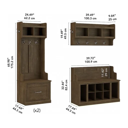 Bush Furniture Storage Cabinets<Woodland Full Entryway Storage Set with Coat Rack and Shoe Bench with Drawers, Ash Brown (WDL014ABR)