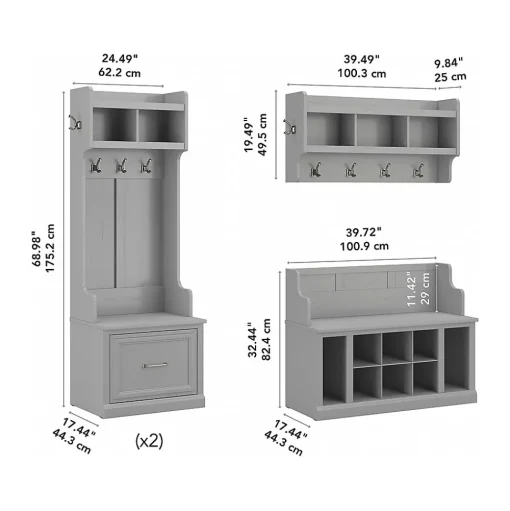 Bush Furniture Storage Cabinets<Woodland Full Entryway Storage Set with Coat Rack and Shoe Bench with Drawers, Cape Cod Gray (WDL014CG)
