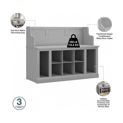 Bush Furniture Storage Cabinets<Woodland Full Entryway Storage Set with Coat Rack and Shoe Bench with Drawers, Cape Cod Gray (WDL014CG)