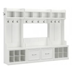Bush Furniture Storage Cabinets<Woodland Full Entryway Storage Set with Coat Rack and Shoe Bench with Doors, White Ash (WDL013WAS)