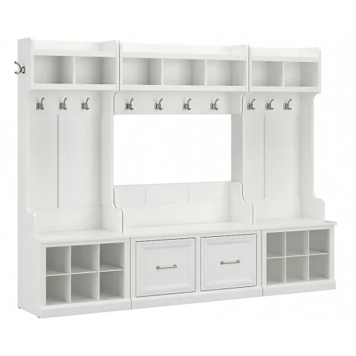 Bush Furniture Storage Cabinets<Woodland Full Entryway Storage Set with Coat Rack and Shoe Bench with Doors, White Ash (WDL013WAS)