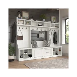 Bush Furniture Storage Cabinets<Woodland Full Entryway Storage Set with Coat Rack and Shoe Bench with Doors, White Ash (WDL013WAS)