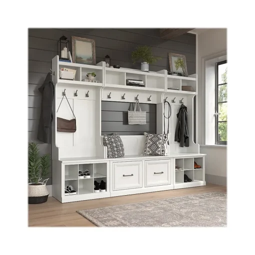 Bush Furniture Storage Cabinets<Woodland Full Entryway Storage Set with Coat Rack and Shoe Bench with Doors, White Ash (WDL013WAS)