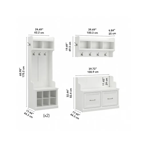 Bush Furniture Storage Cabinets<Woodland Full Entryway Storage Set with Coat Rack and Shoe Bench with Doors, White Ash (WDL013WAS)