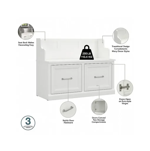 Bush Furniture Storage Cabinets<Woodland Full Entryway Storage Set with Coat Rack and Shoe Bench with Doors, White Ash (WDL013WAS)