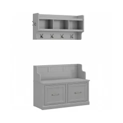 Bush Furniture Storage Cabinets<Woodland 40W Entryway Bench with Doors and Wall Mounted Coat Rack, Cape Cod Gray (WDL009CG)