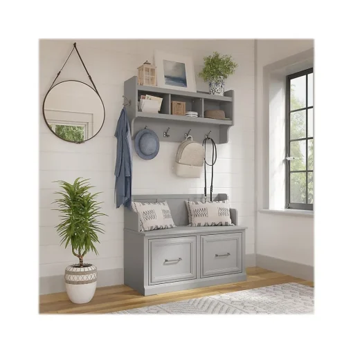 Bush Furniture Storage Cabinets<Woodland 40W Entryway Bench with Doors and Wall Mounted Coat Rack, Cape Cod Gray (WDL009CG)
