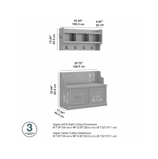 Bush Furniture Storage Cabinets<Woodland 40W Entryway Bench with Doors and Wall Mounted Coat Rack, Cape Cod Gray (WDL009CG)
