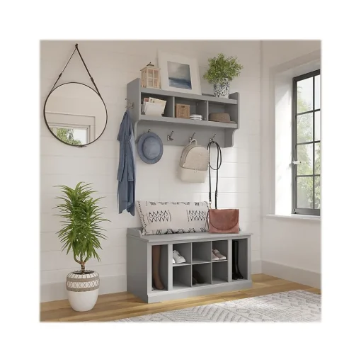 Bush Furniture Storage Cabinets<Woodland 40W Shoe Storage Bench with Shelves and Wall Mounted Coat Rack, Cape Cod Gray (WDL004CG)