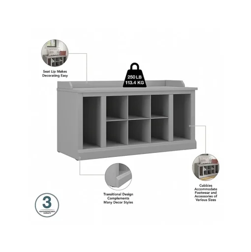 Bush Furniture Storage Cabinets<Woodland 40W Shoe Storage Bench with Shelves and Wall Mounted Coat Rack, Cape Cod Gray (WDL004CG)