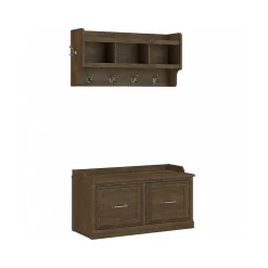 Bush Furniture Storage Cabinets<Woodland 40W Shoe Storage Bench with Doors and Wall Mounted Coat Rack, Ash Brown (WDL003ABR)