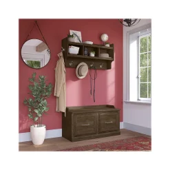 Bush Furniture Storage Cabinets<Woodland 40W Shoe Storage Bench with Doors and Wall Mounted Coat Rack, Ash Brown (WDL003ABR)