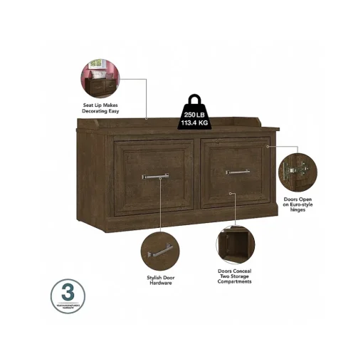 Bush Furniture Storage Cabinets<Woodland 40W Shoe Storage Bench with Doors and Wall Mounted Coat Rack, Ash Brown (WDL003ABR)